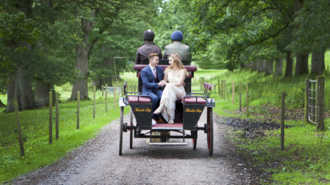 A bride and groom sit on the back of a horse-drawn carriage, holding hands, as two drivers in helmets guide it down a tree-lined path.