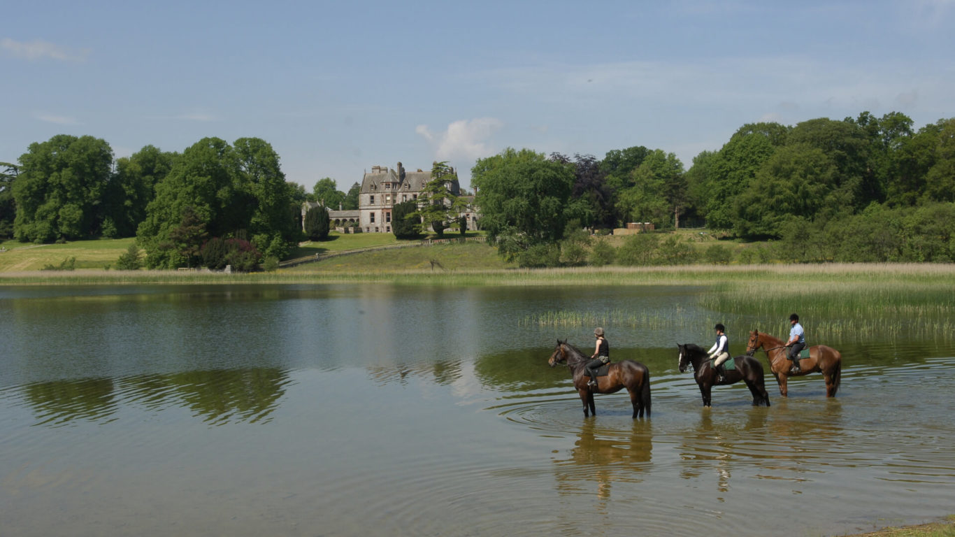 Exteriors Iconic Castle with horses in lake