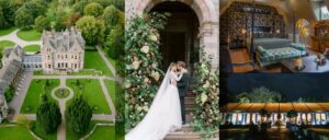 Collage showing a stone estate with formal gardens, a bride and groom standing in a floral-decorated doorway, a bedroom with a canopy bed, and a large illuminated event tent at night.